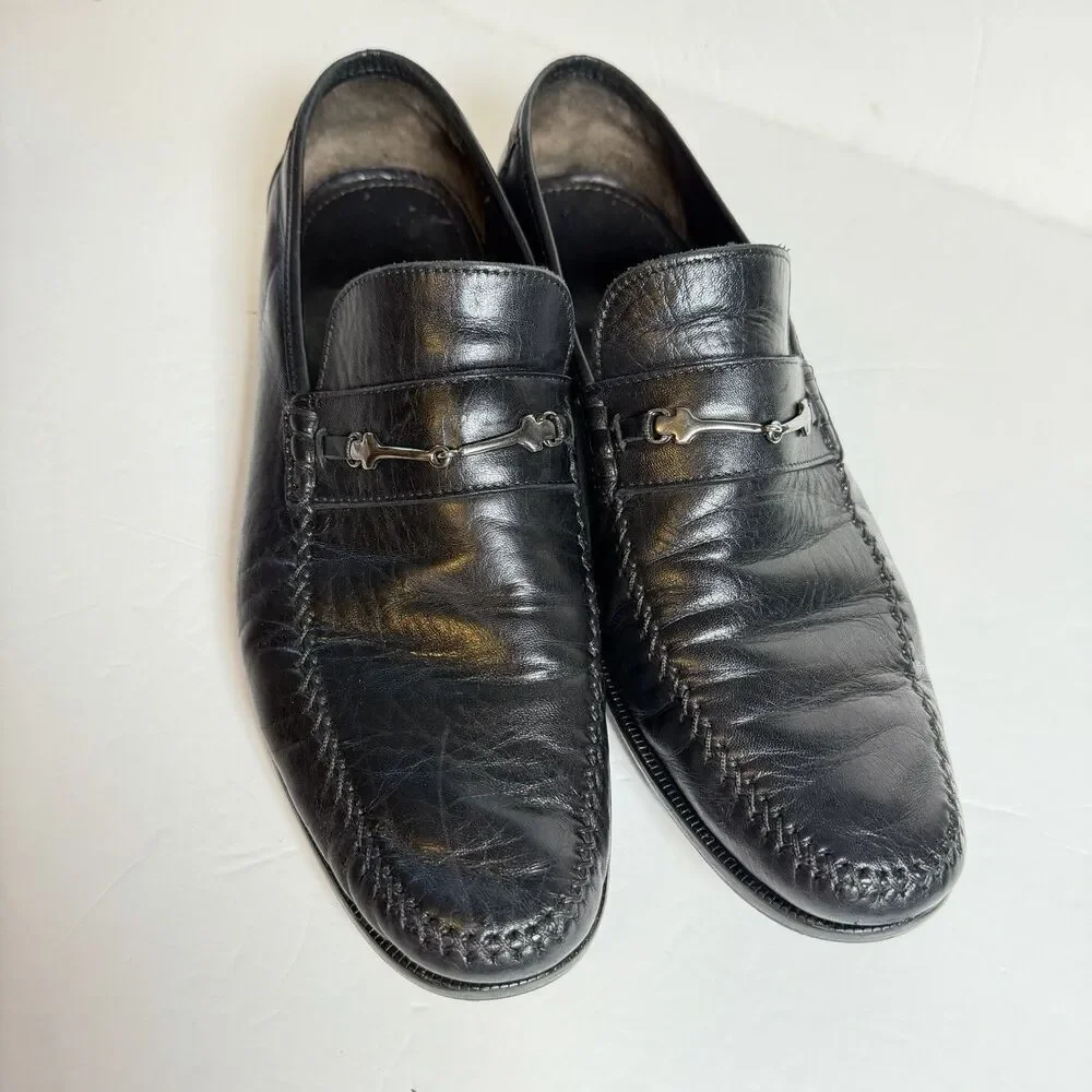 Men's Black Leather Horsebit Loafers Pittore Model 11.5 Vibram GTO Italia Heel